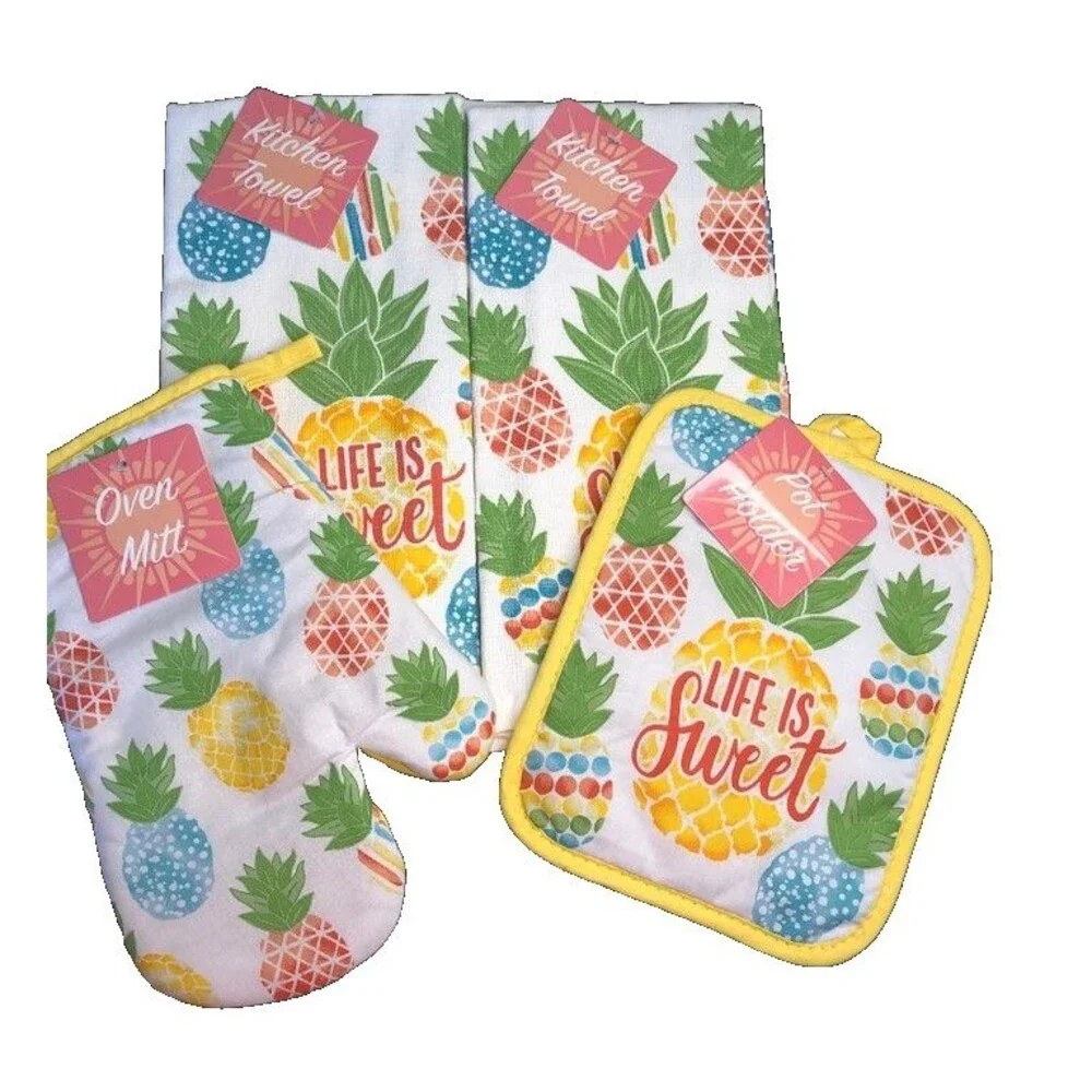 Life is Sweet Pineapple Kitchen Dish Towels Oven Mitt Potholder Beach Set of 4